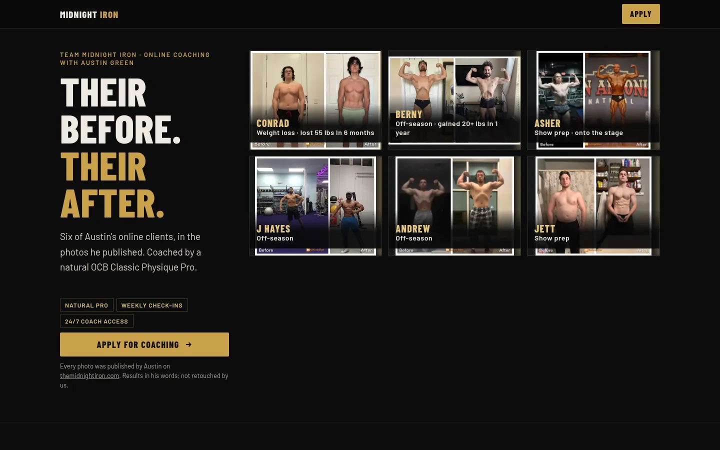 Austin Green's site on desktop: Their before. Their after., six client transformations and an Apply for coaching button.