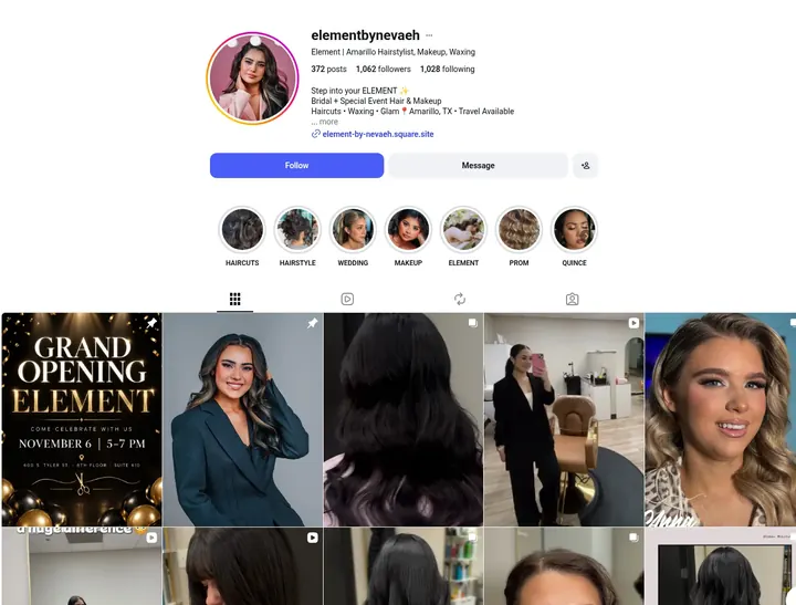 Before: the Element by Nevaeh Instagram profile, Oct 2026