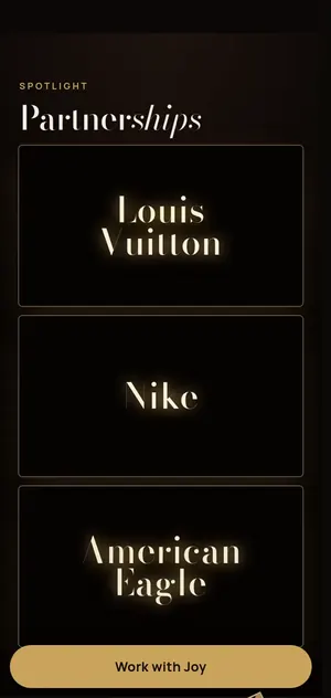 Three phone frames of Joy Simei's Partnerships spotlight: Louis Vuitton, Nike and American Eagle lit on a dark stage, then her project cards and her American Eagle photo.