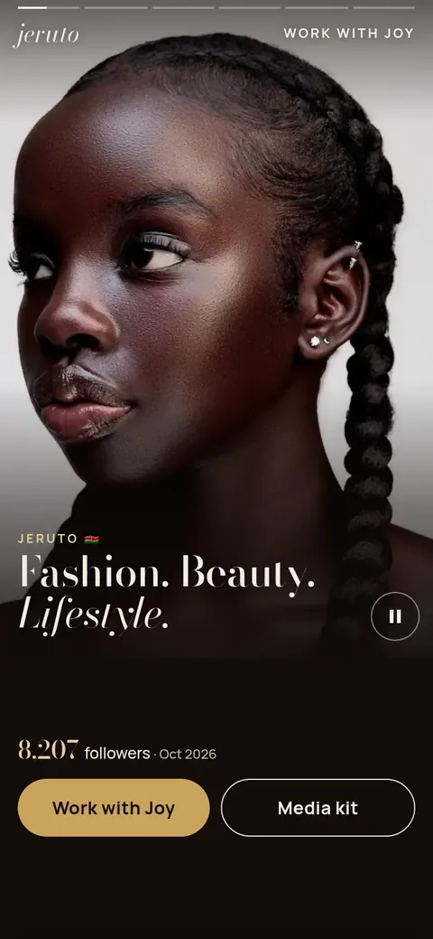 Joy Simei's site on a phone: a full-height photo of her with Fashion. Beauty. Lifestyle., her follower count and Work with Joy and Media kit buttons.