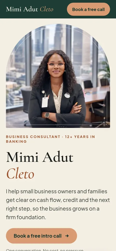 After: mimiadut.kontinuinc.com on a phone, opening with her portrait, 12+ years in banking and a Book a free intro call button