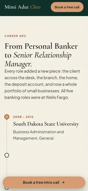 Three phone frames of Mimi Adut Cleto's career arc: From Personal Banker to Senior Relationship Manager, with each role and date lighting up along a line.