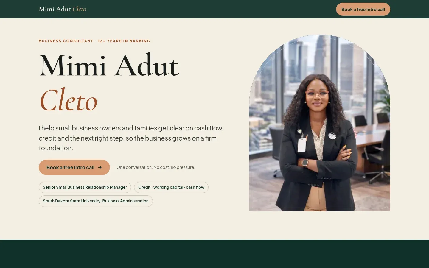 Mimi Adut Cleto's site on desktop: her portrait, Business consultant · 12+ years in banking, and a Book a free intro call button.