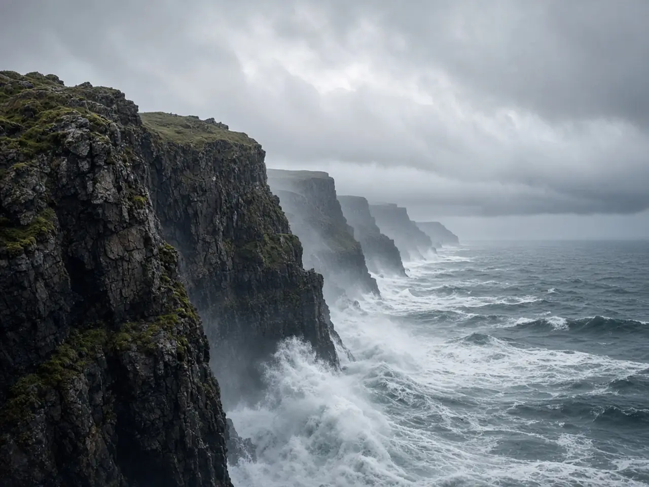 Sea cliffs and white surf under a silver sky
