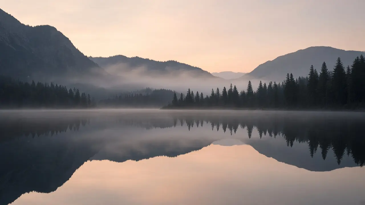 A still alpine lake at dawn, mist drifting over dark pines