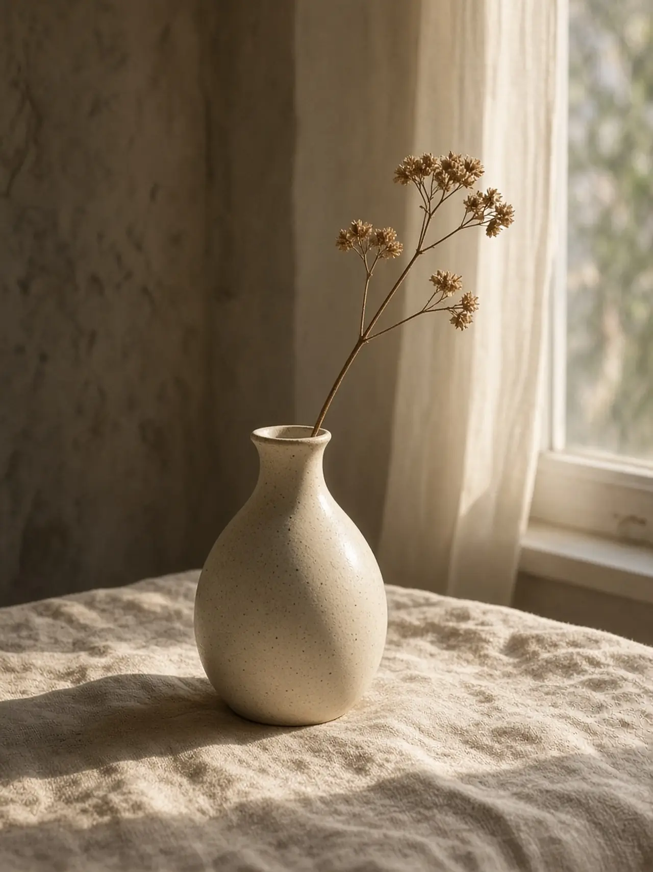 A ceramic vase with a dried stem beside a sunlit window